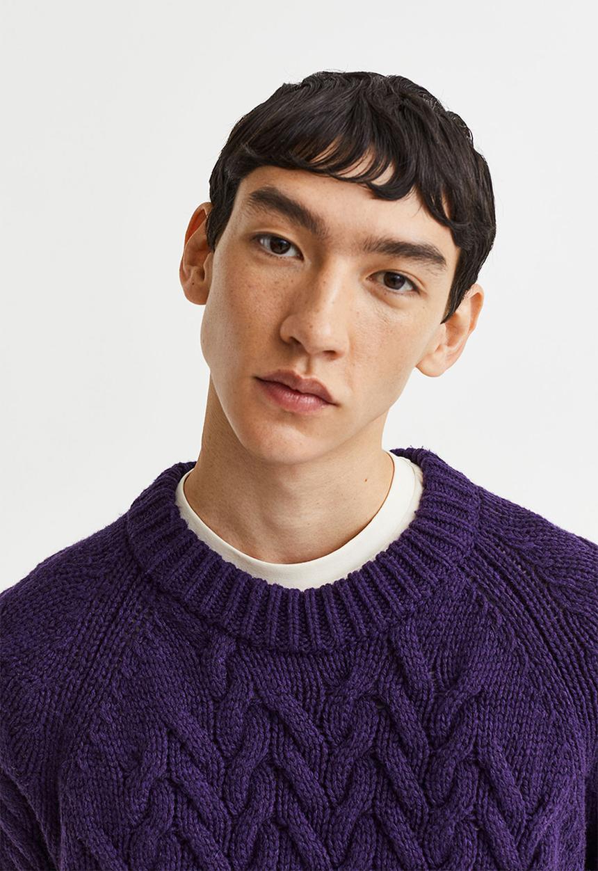 H&M - Regular fit wool-blend cable-knit jumper - dark purple