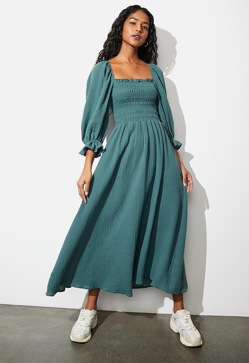 Superbalist - Balloon sleeve dress with smocking detail - teal