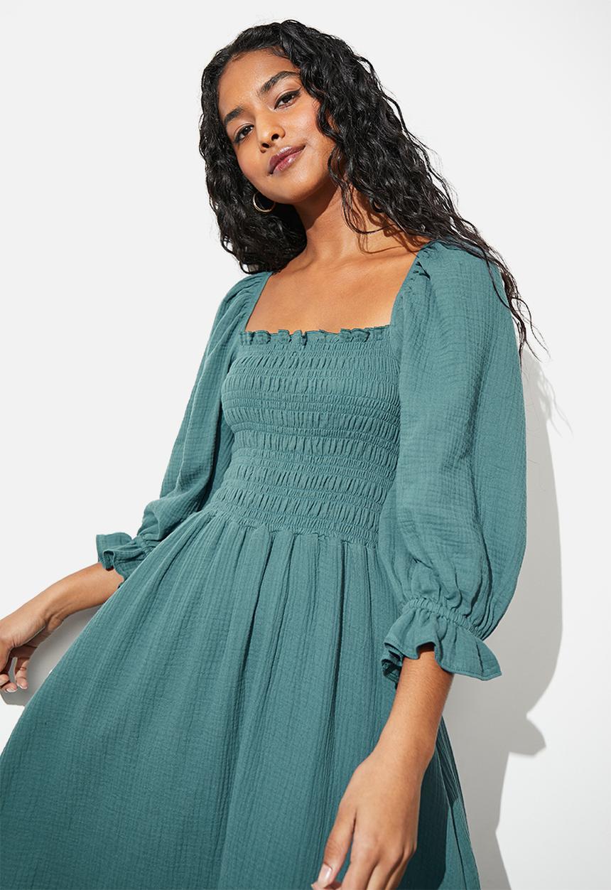 Superbalist - Balloon sleeve dress with smocking detail - teal