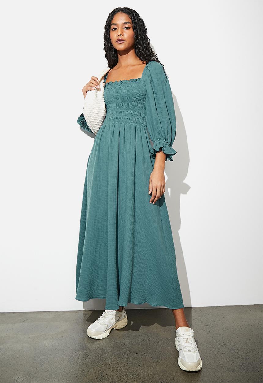 Superbalist - Balloon sleeve dress with smocking detail - teal