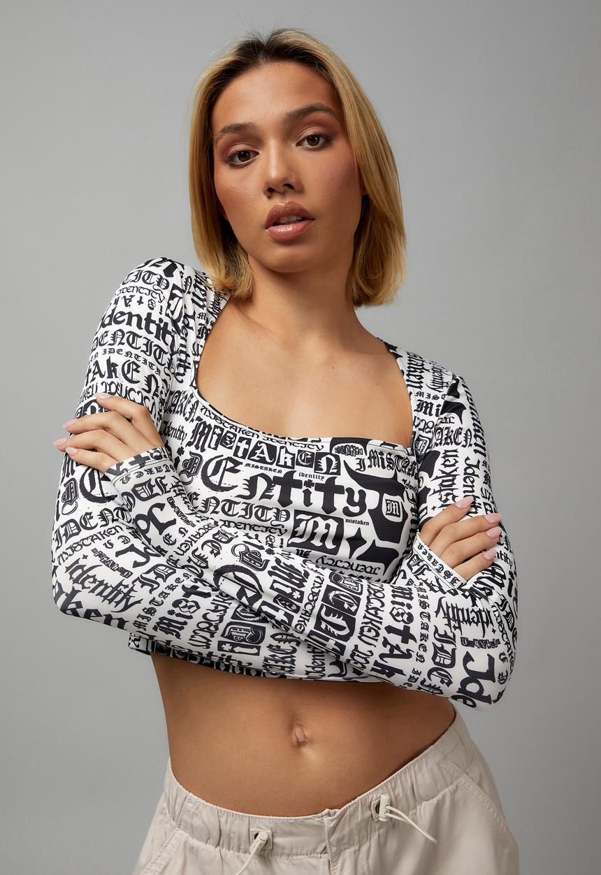 Factorie - Long sleeve straight neck top - black & white 