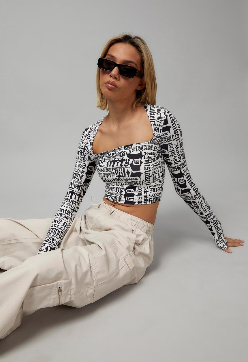 Factorie - Long sleeve straight neck top - black & white 