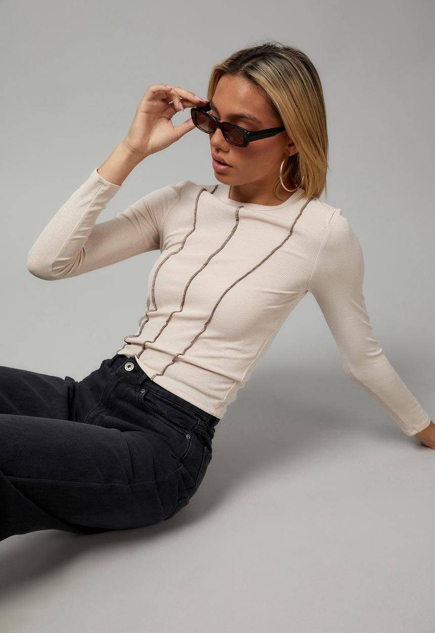 Factorie - Sheer long sleeve top - light stone/deep mahogany