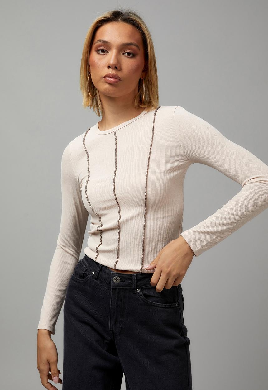 Factorie - Sheer long sleeve top - light stone/deep mahogany