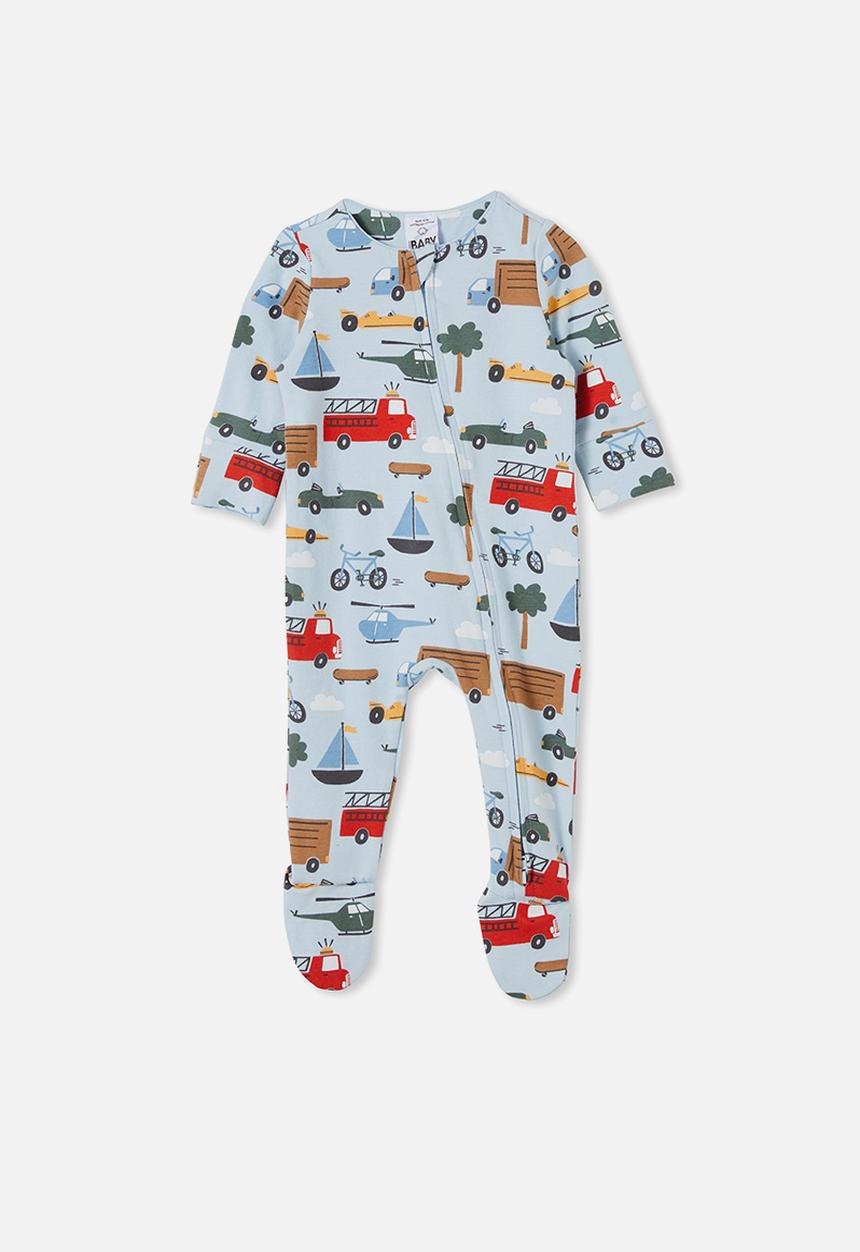 Cotton On - The long sleeve zip romper - frosty blue/vehicles convoy