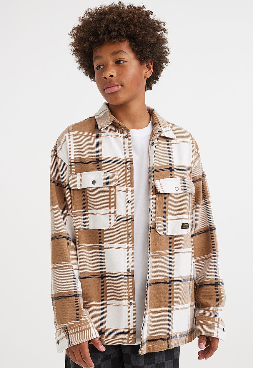 H&M - Oversized flannel shacket - dark beige/checked