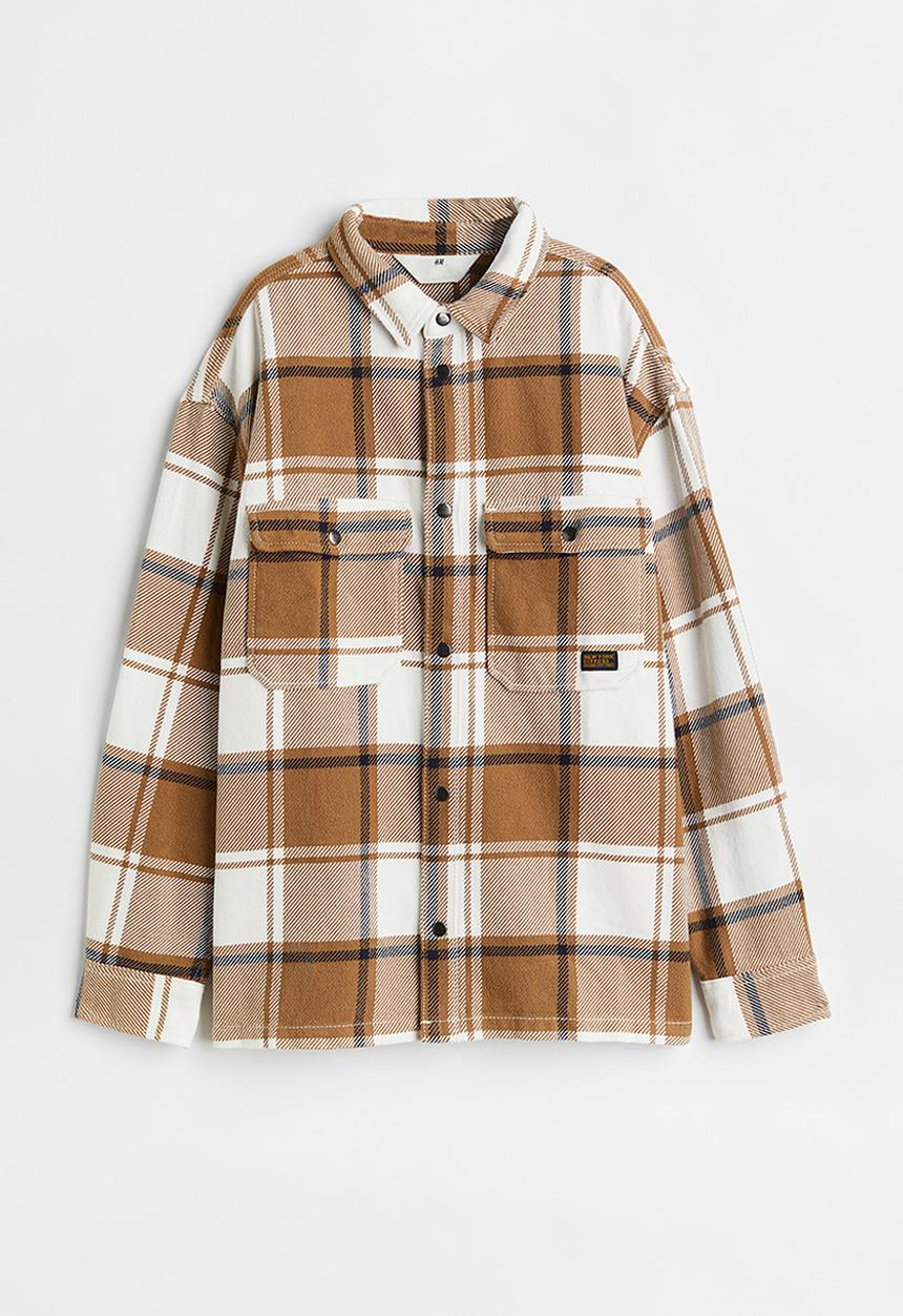H&M - Oversized flannel shacket - dark beige/checked