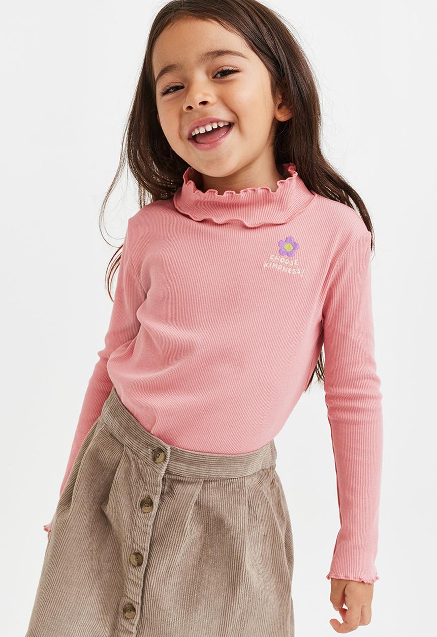H&M - Long-sleeved ribbed top - light pink/flower
