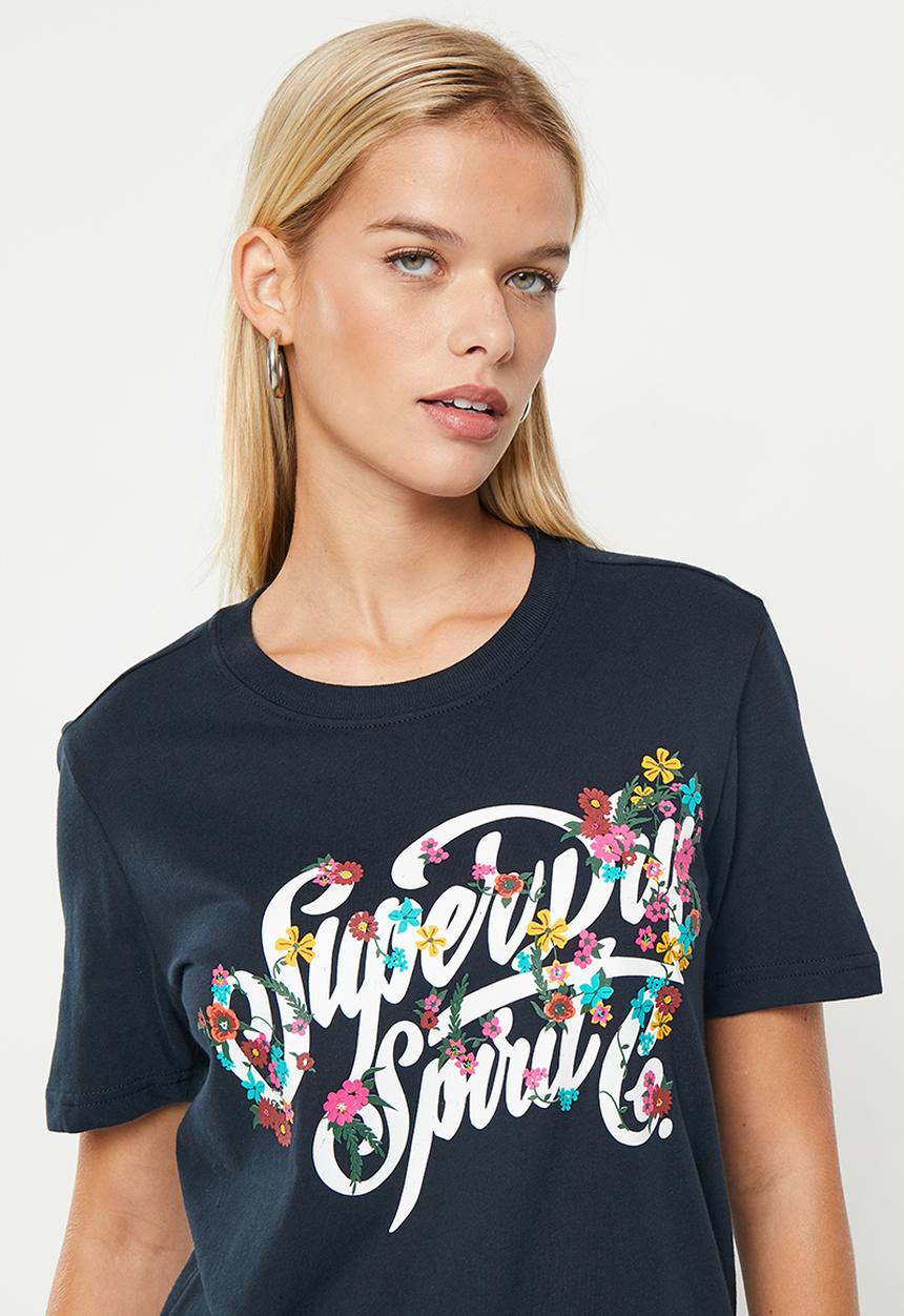 Superdry. - Script style floral tee - eclipse navy