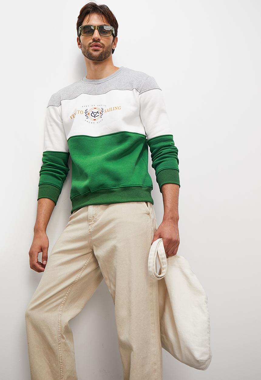 Superbalist - Colourblock crew sweat top - green & grey melange