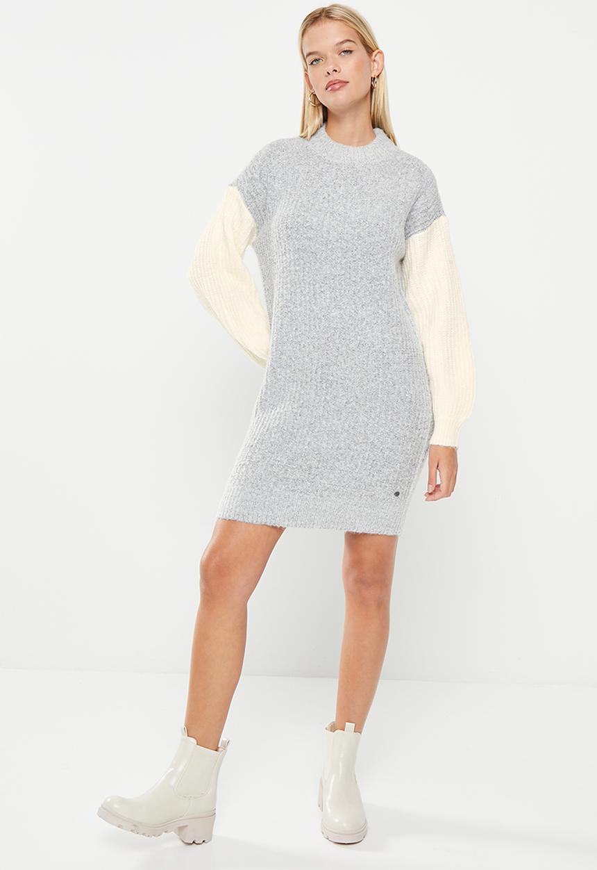 Noisy May - Gemma long sleeve o-neck baloon knit dress - light grey melange