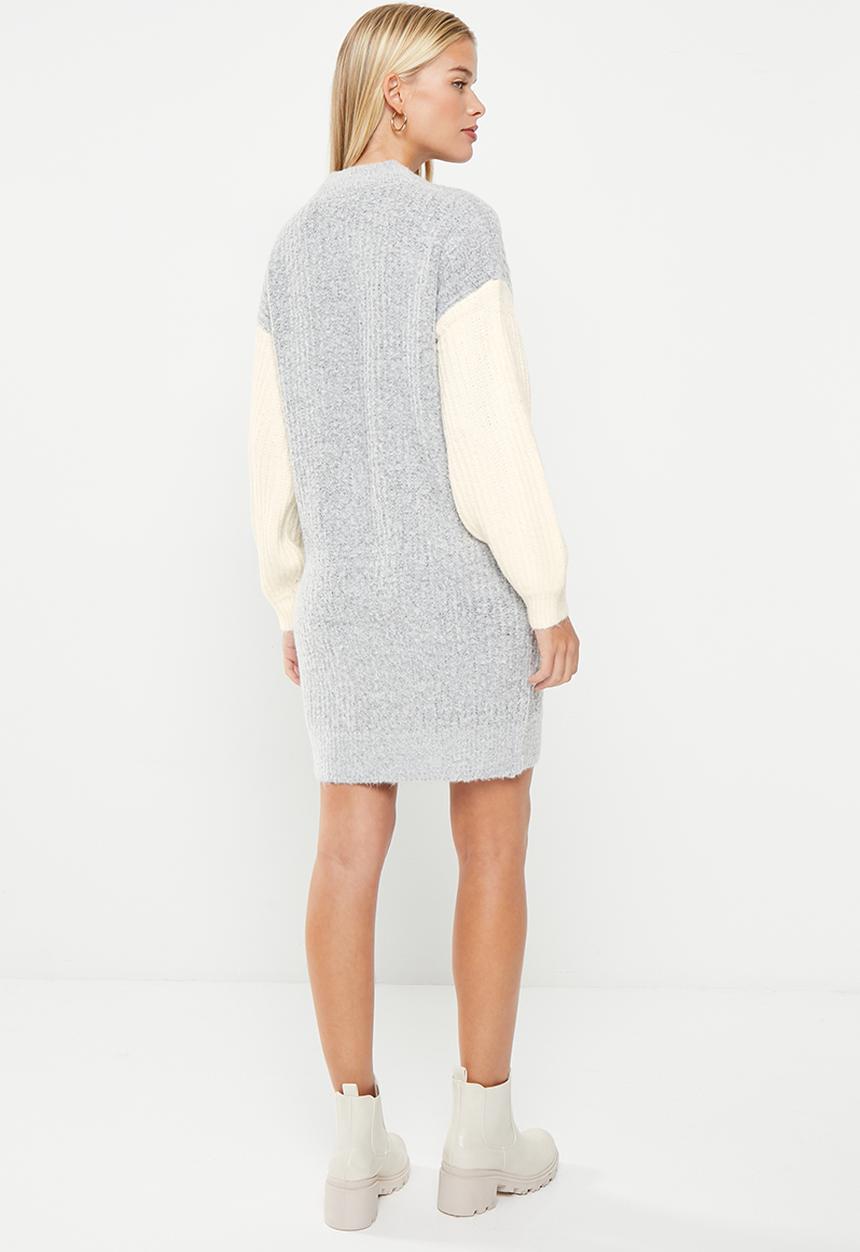 Noisy May - Gemma long sleeve o-neck baloon knit dress - light grey melange