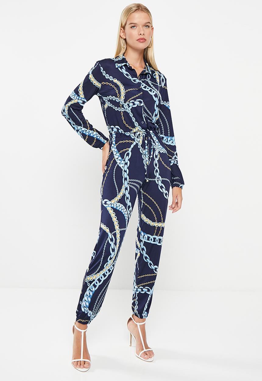 SISSY BOY - What serves you: long sleeve jumpsuit with waist tie detail - navy