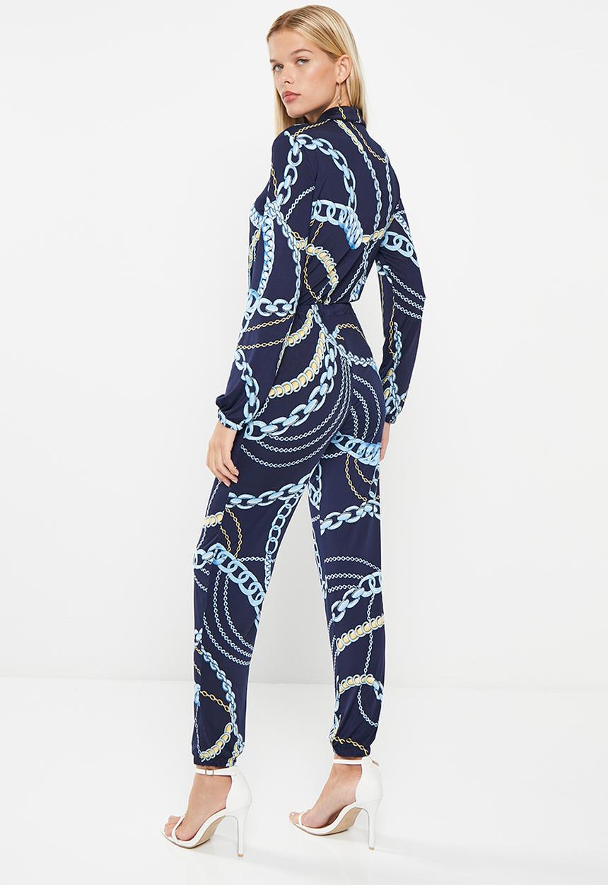 SISSY BOY - What serves you: long sleeve jumpsuit with waist tie detail - navy
