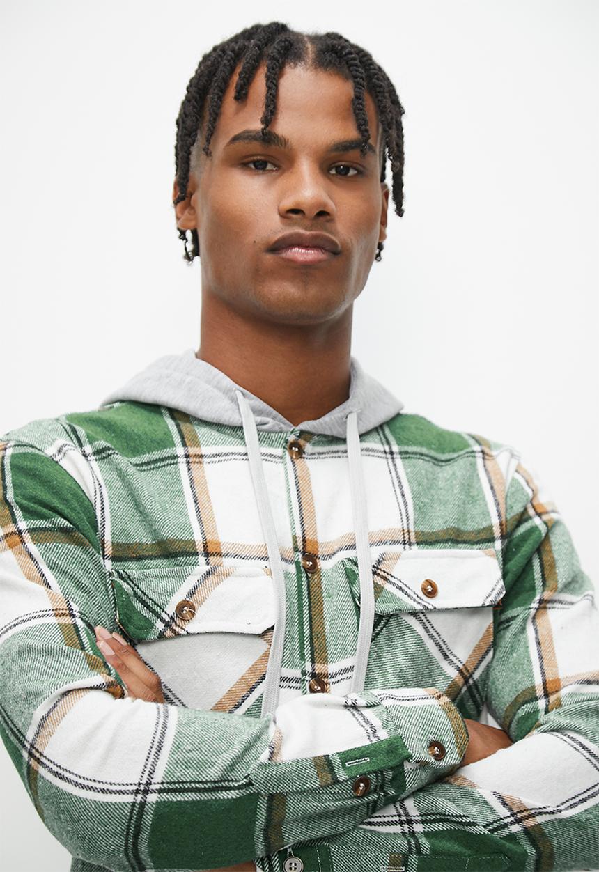 STYLE REPUBLIC - Check flannel shacket with hood - green multi