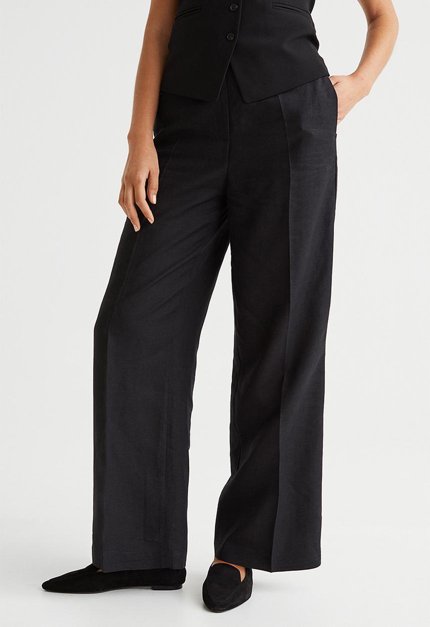 H&M - Wide linen-blend trousers - black