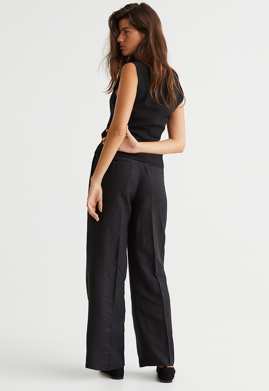H&M - Wide linen-blend trousers - black