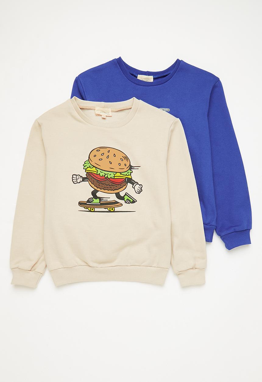 Superbalist - 2 Pack graphic sweat top -stone & mid blue