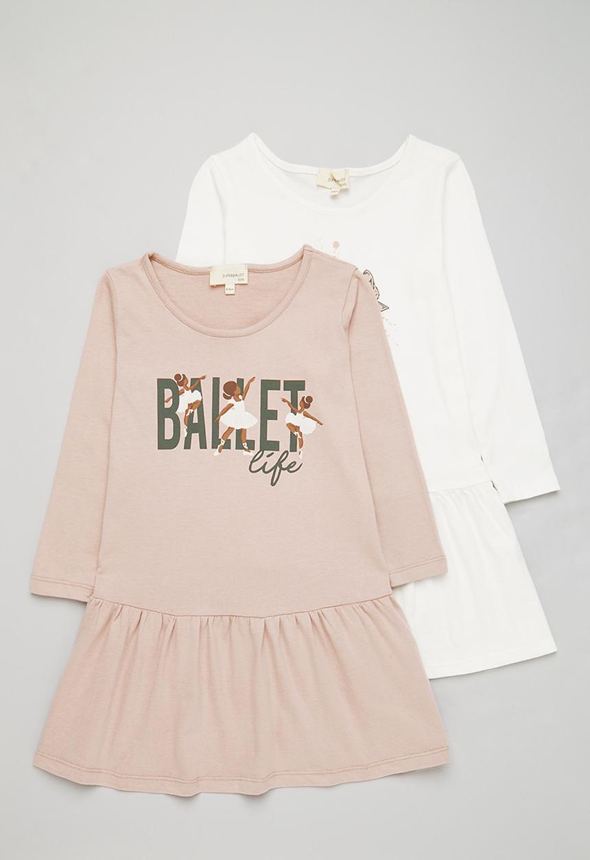 Superbalist - Girls 2 pack printed dress - light pink & ecru