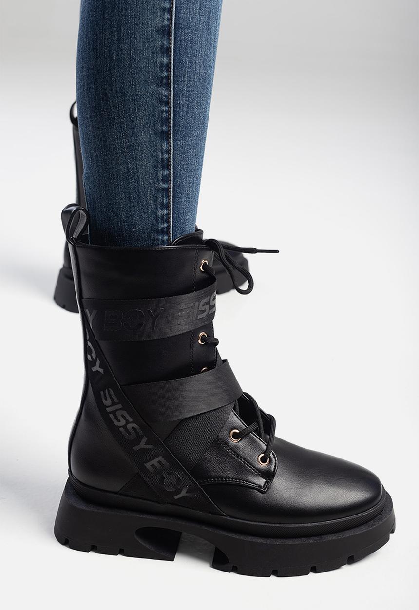 SISSY BOY - Slogan talk lace up combat boot - black