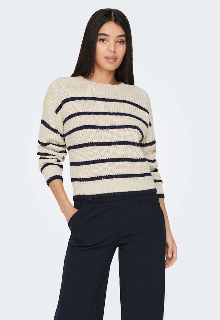 Jacqueline de Yong - Justy lea long sleeve stripe scallop pullover - eggnog w sky captain stripes