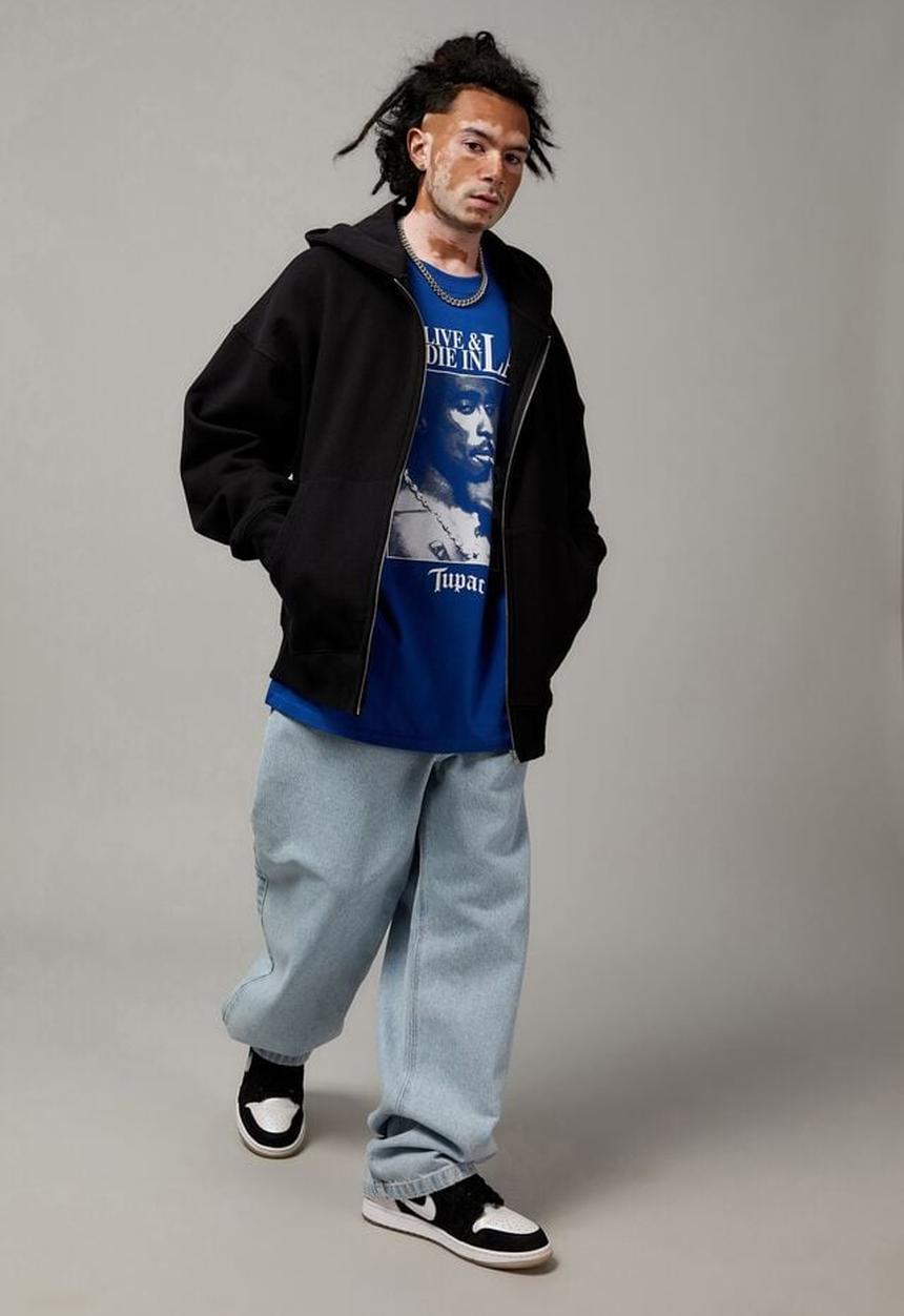 Cotton On - Baggy graphic zip through hoodie - black/uc emb