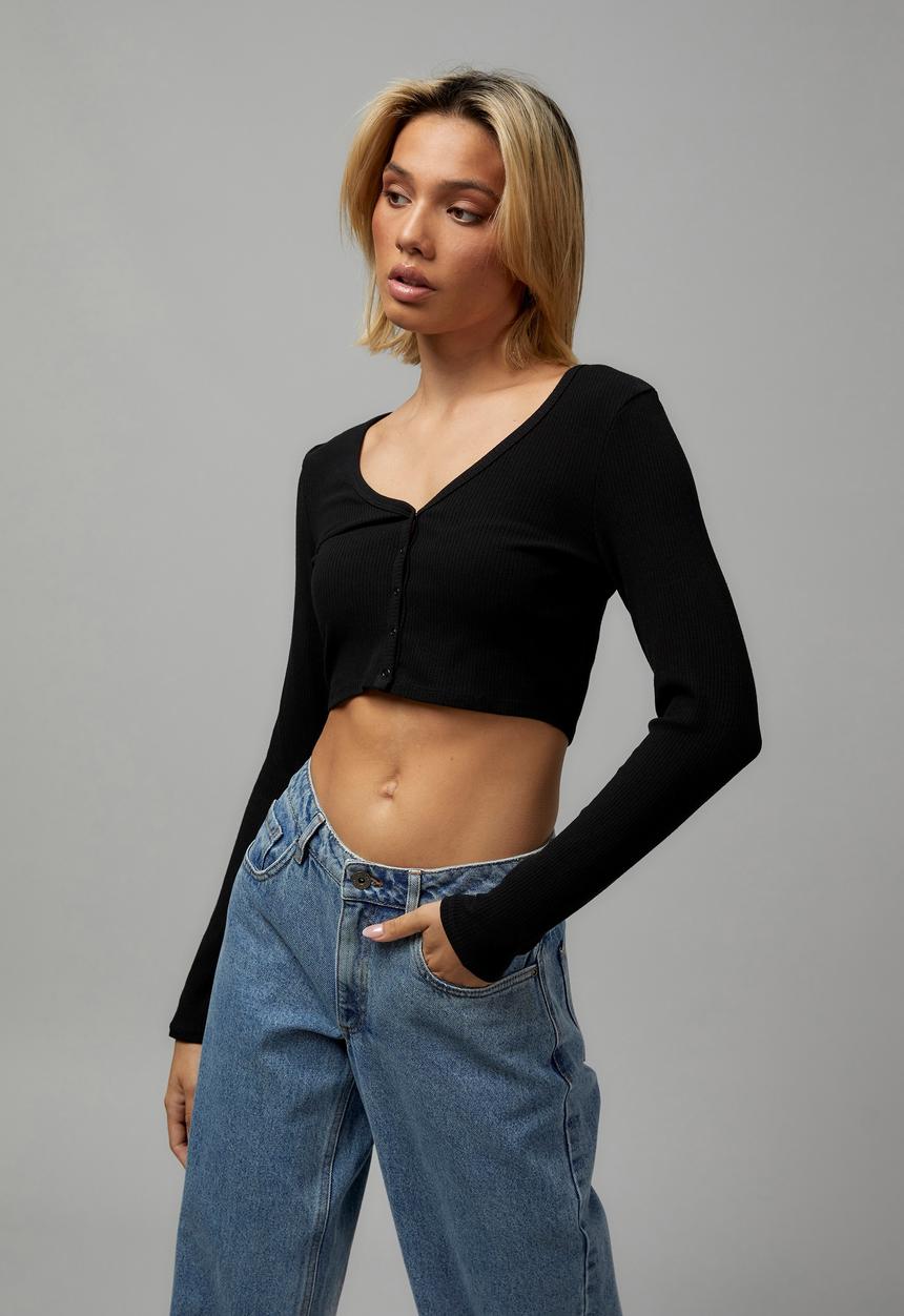 Factorie - Long sleeve button up rib cardi - black