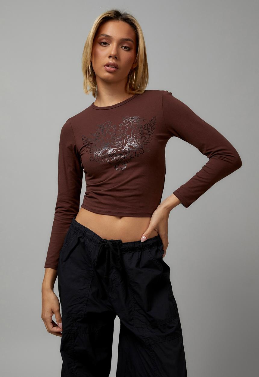 Factorie - Long sleeve fitted graphic tee - lo fi punk & deep mahogony