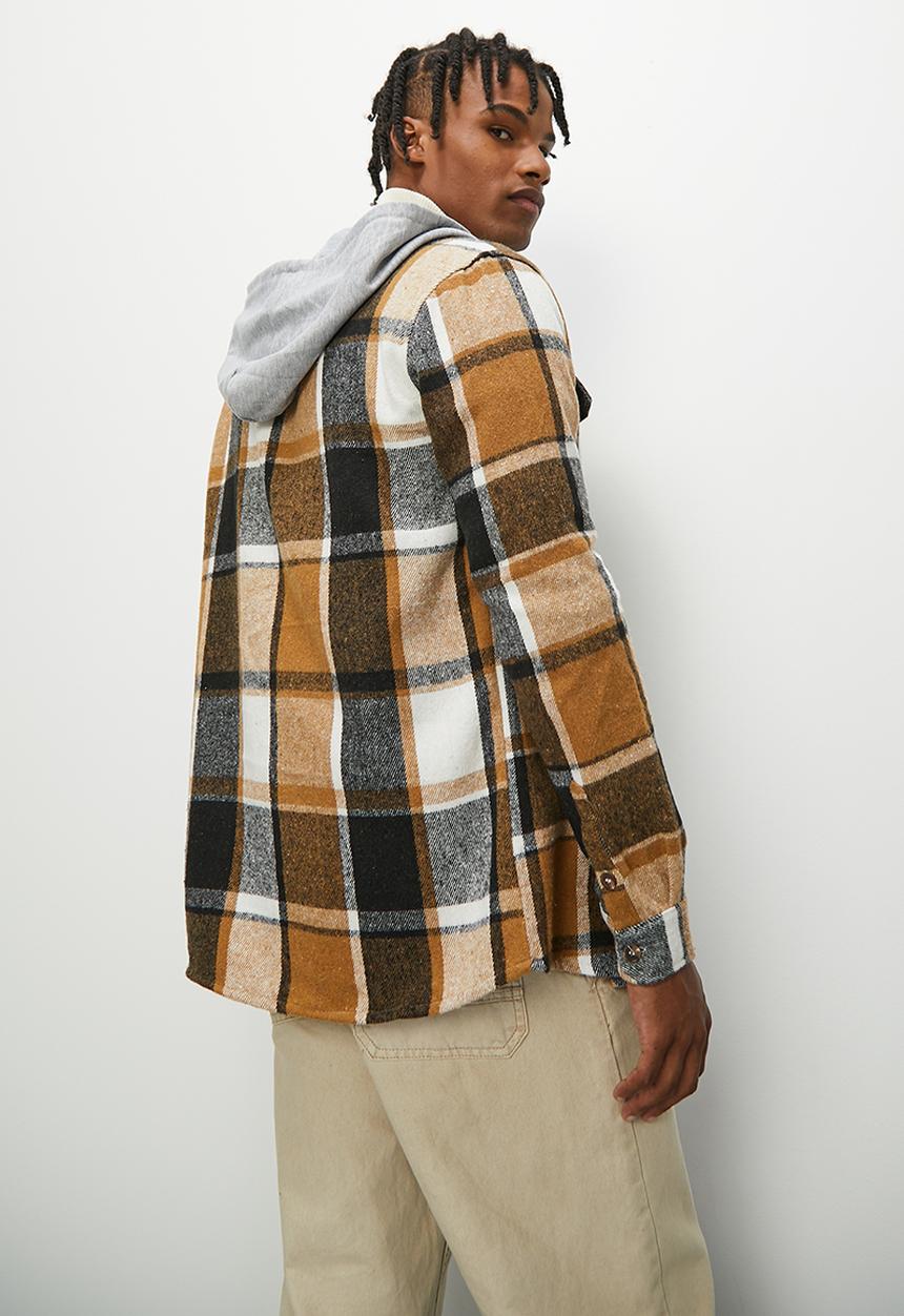 STYLE REPUBLIC - Check flannel shacket with hood - brown & ecru
