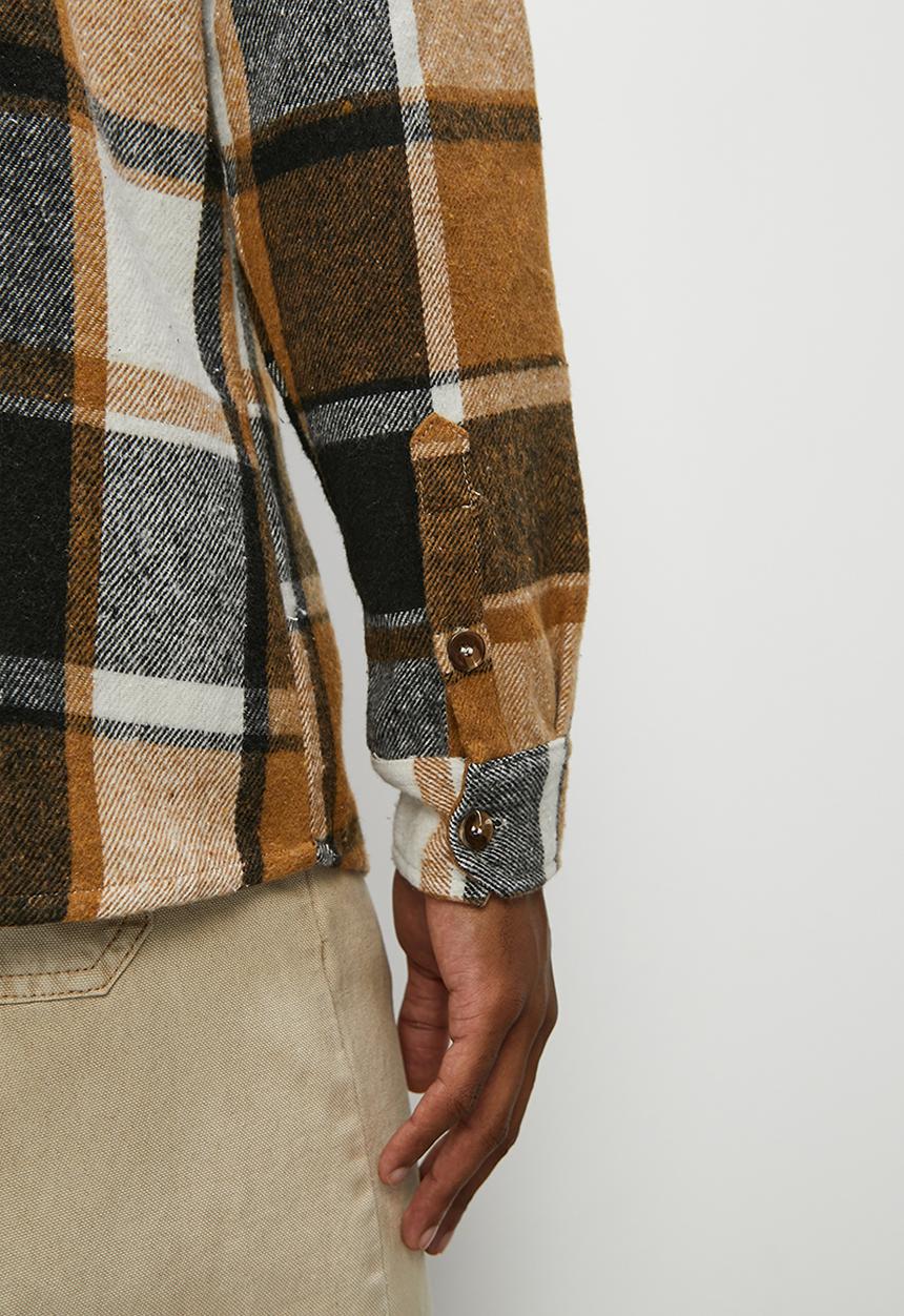 STYLE REPUBLIC - Check flannel shacket with hood - brown & ecru