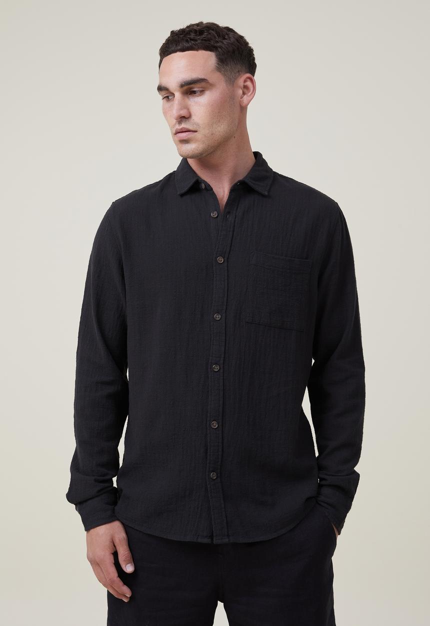 Cotton On - Portland long sleeve shirt - washed black cheesecloth