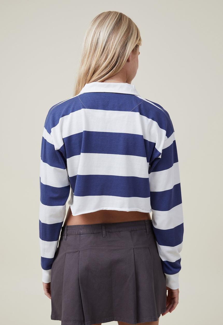 Cotton On - Winona crop polo long sleeve - rugby stripe white & vintage navy