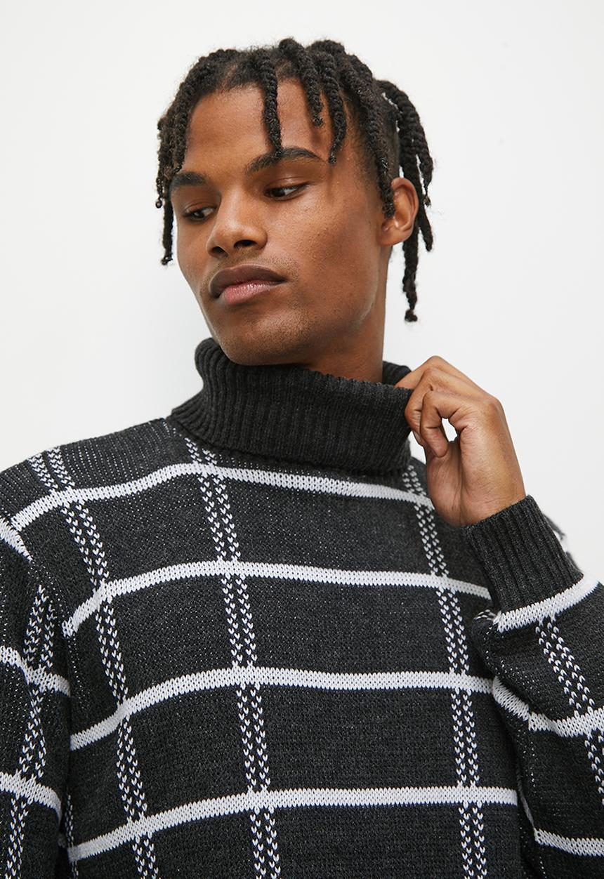 Superbalist - Regular fit check pattern roll neck - charcoal & white