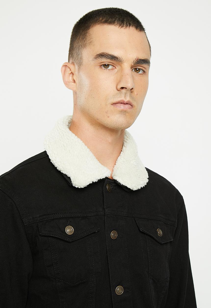 Brave Soul - Larson jacket - black denim/cream borg