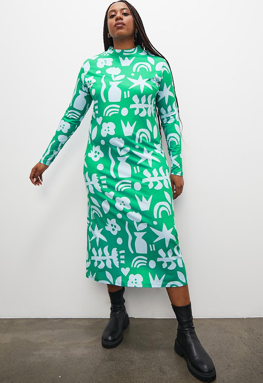 Superbalist - Printed knit column dress - green abstract floral