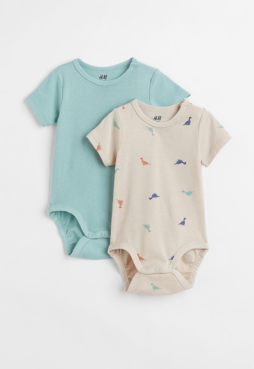 H&M - 2-Pack short-sleeved bodysuits - light turquoise/dinosaurs