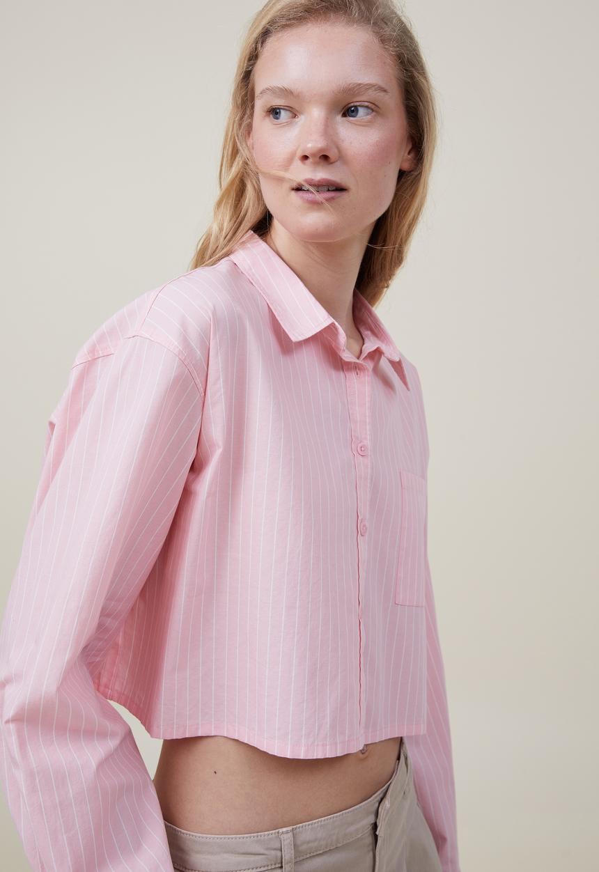Cotton On - Cropped dad shirt - penny pinstripe pink crush