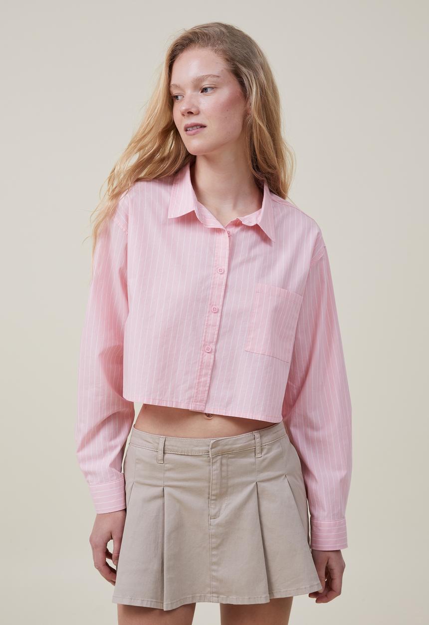 Cotton On - Cropped dad shirt - penny pinstripe pink crush
