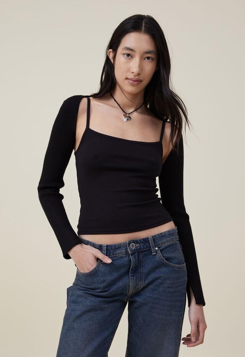 Cotton On - Urban rib fitted ls shrug - black