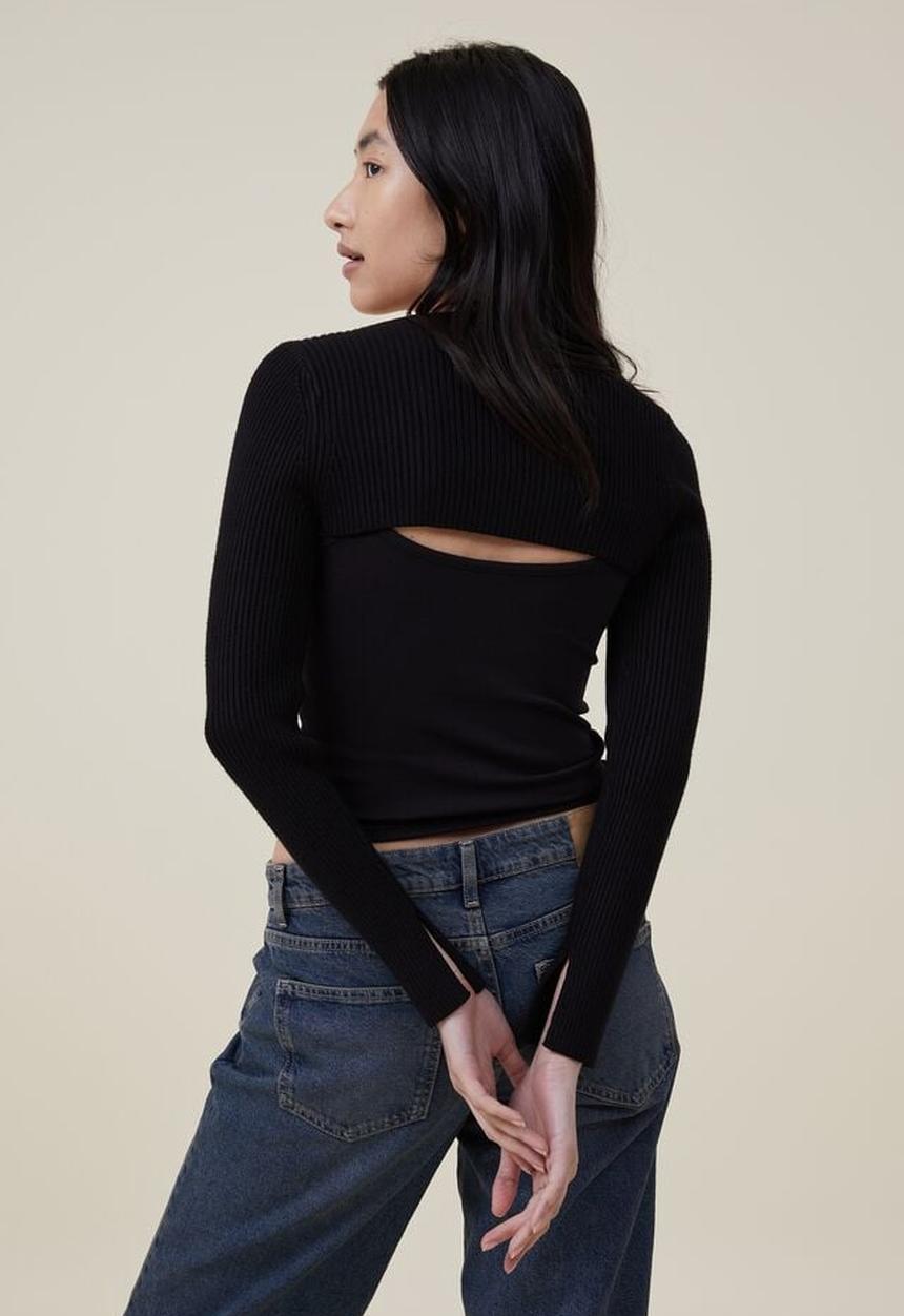 Cotton On - Urban rib fitted ls shrug - black