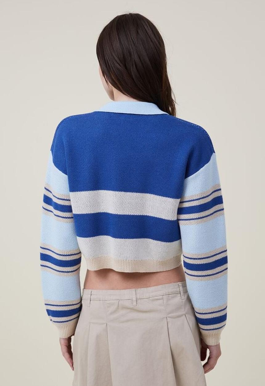 Cotton On - Ls crop polo rugby - cobalt stripe multi