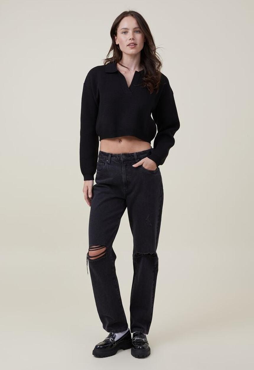 Cotton On - Ls crop polo rugby - black