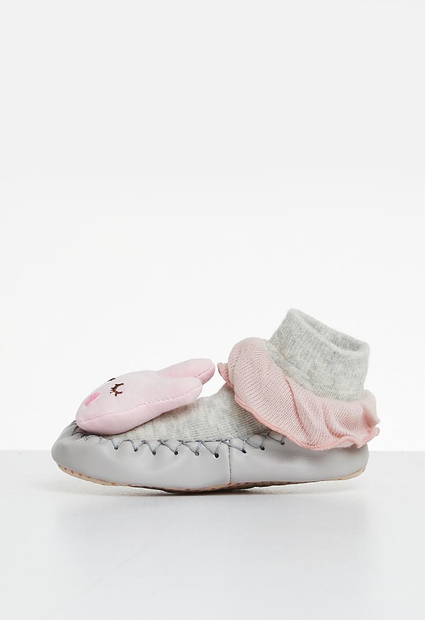 Pop Candy - Faux leather sole socks - grey & pink