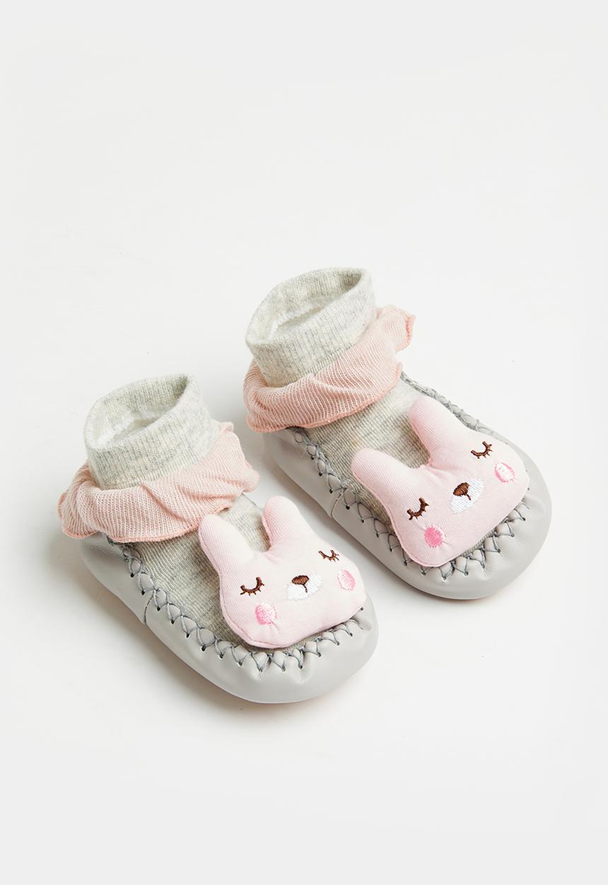 Pop Candy - Faux leather sole socks - grey & pink