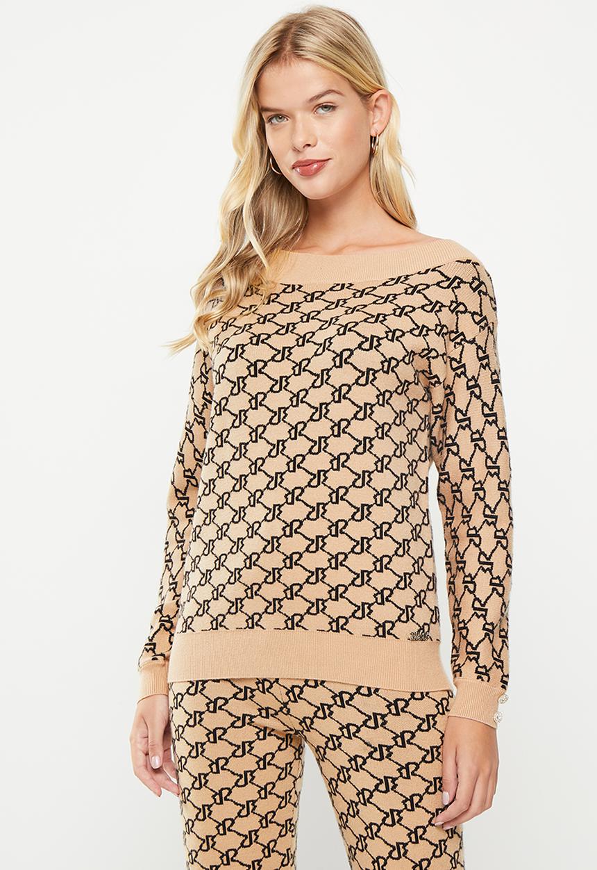 SISSY BOY - Willema: assymetric, off-shoulder knitted sweater - stone & black