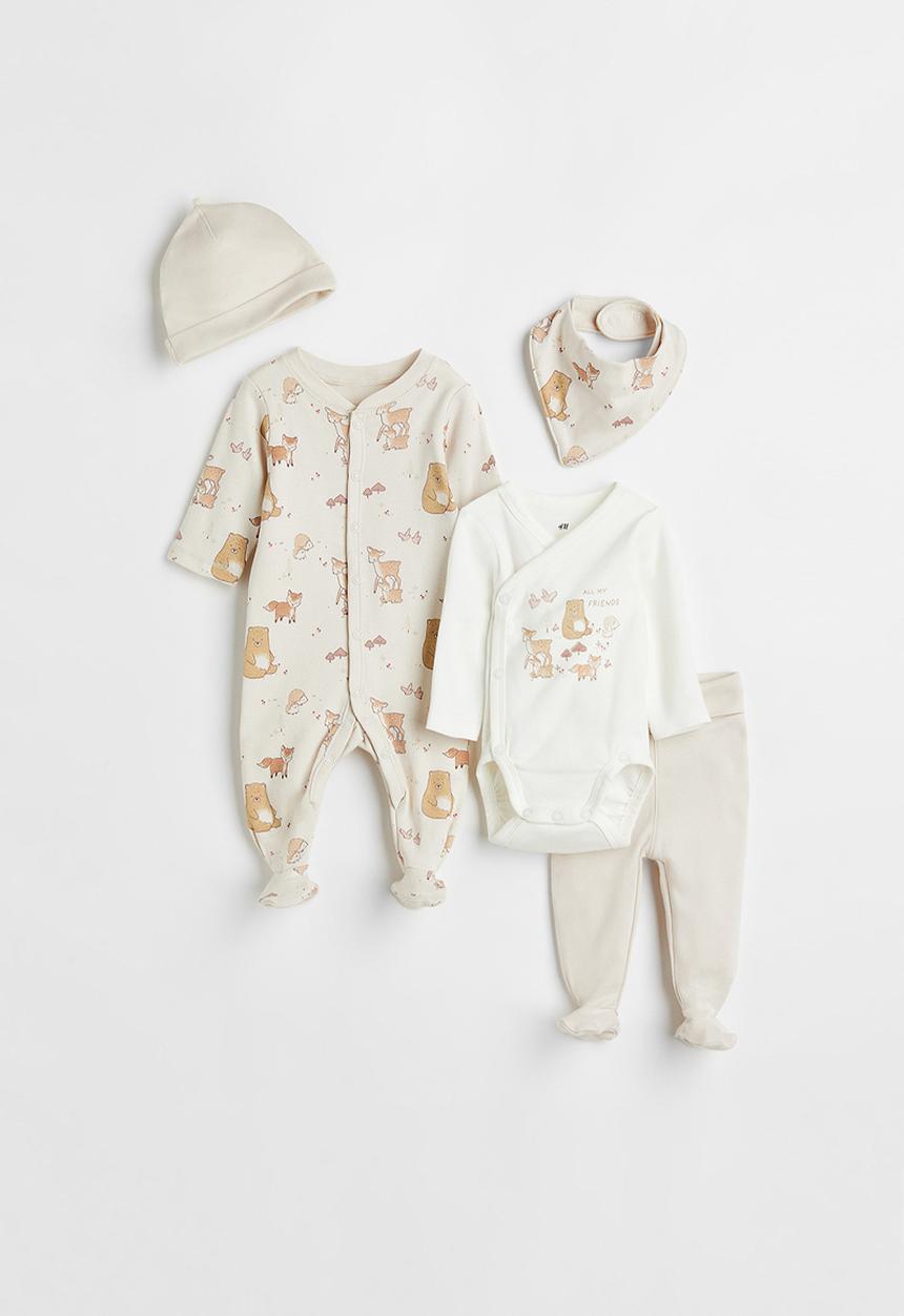H&M - 5-Piece set - light beige & forest friends