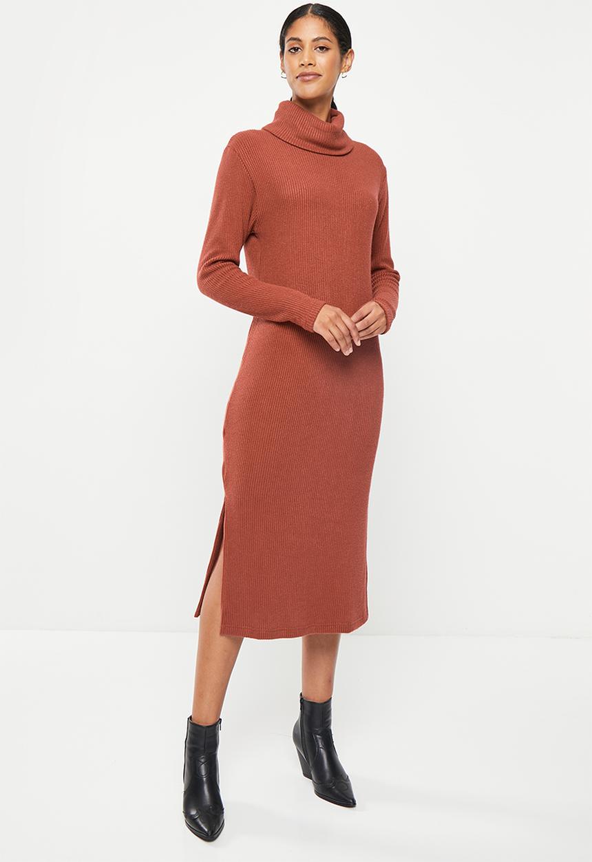 Me&B - Poloneck maxi rib knit dress - tobacco