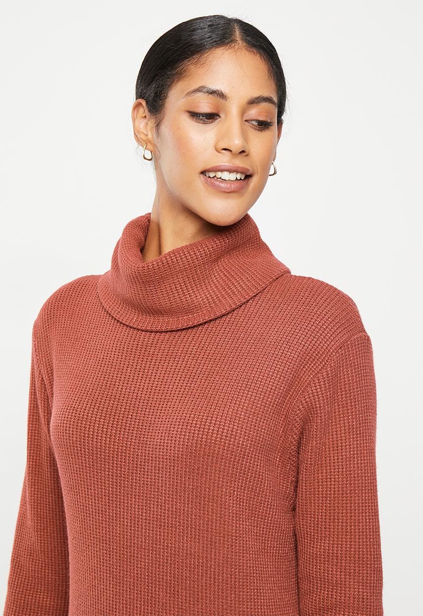 Me&B - Poloneck maxi rib knit dress - tobacco