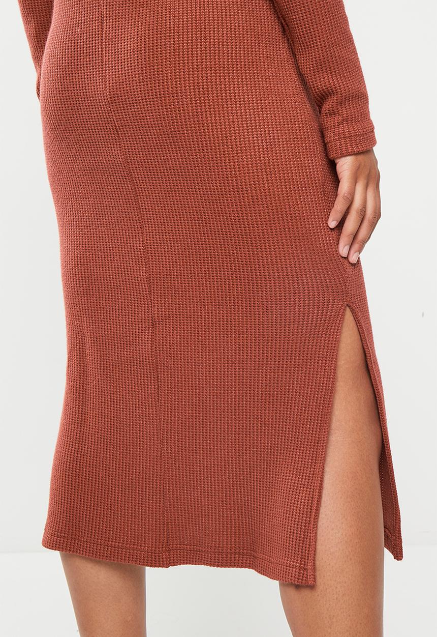 Me&B - Poloneck maxi rib knit dress - tobacco