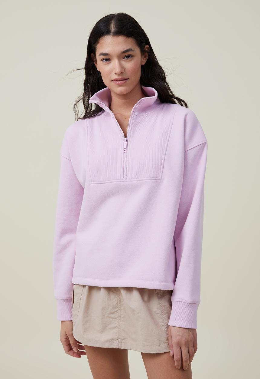 Cotton On - Plush rib half zip - pink lavender